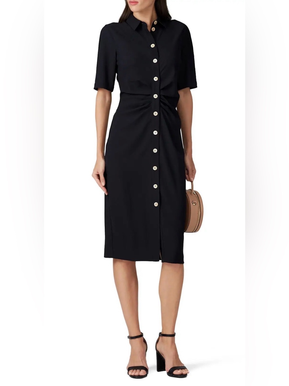 Kate Spade Button Front Shirt Dress NY Mainline Ruched Gathered Front 16 Black
